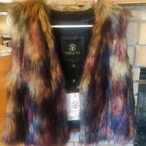 FURious FUR Vest brand new with tags never worn peacock design gold maroon prple